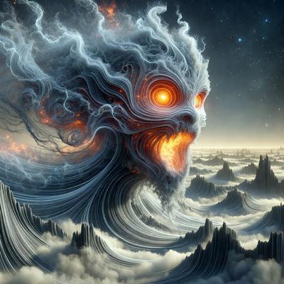 The primary subject of the image is a large, intricate, and somewhat demonic-looking creature with a face and a mouth. The creature is surrounded by a cloudy, swirling, and somewhat chaotic environment. The setting appears to be a dark, surreal, and somewhat eerie atmosphere. The visual style of the image is digital art, as it is a detailed and intricate illustration. The dominant colors in the image are dark, swirling, and cloudy, creating a moody and mysterious mood.